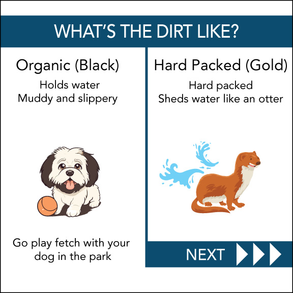 What's the Dirt Like? "Organic (Black)" Holds water, Muddy and slippery: Go play fetch with your dog in the park! "Hard Packed (Gold)" Sheds water like an otter: Next >