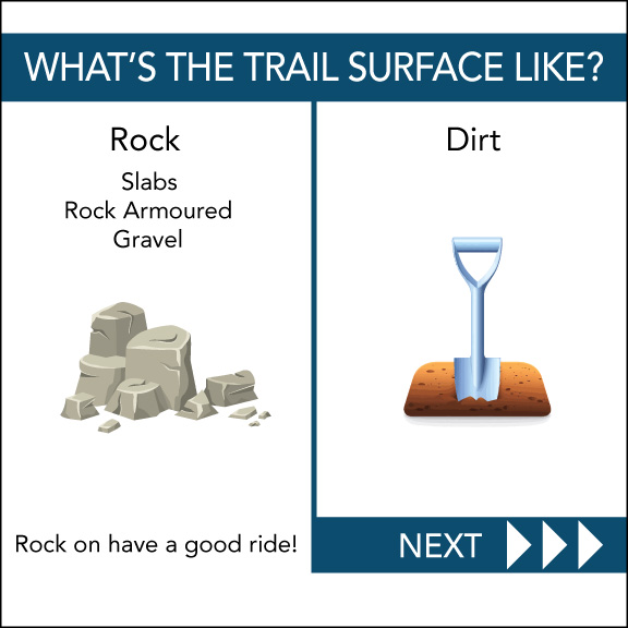 Whats the trail surface like? "Rock - Slabs, Rock Armoured, Gravel": Rock on, have a good ride! "Dirt": Next >